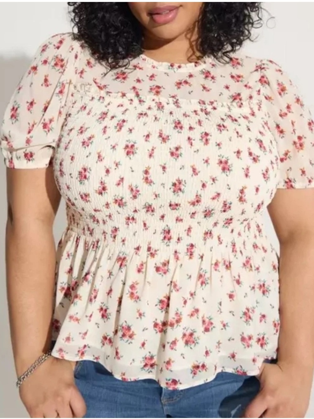 torrid Cream Floral Smocked Peplum Blouse with Red Rose Print